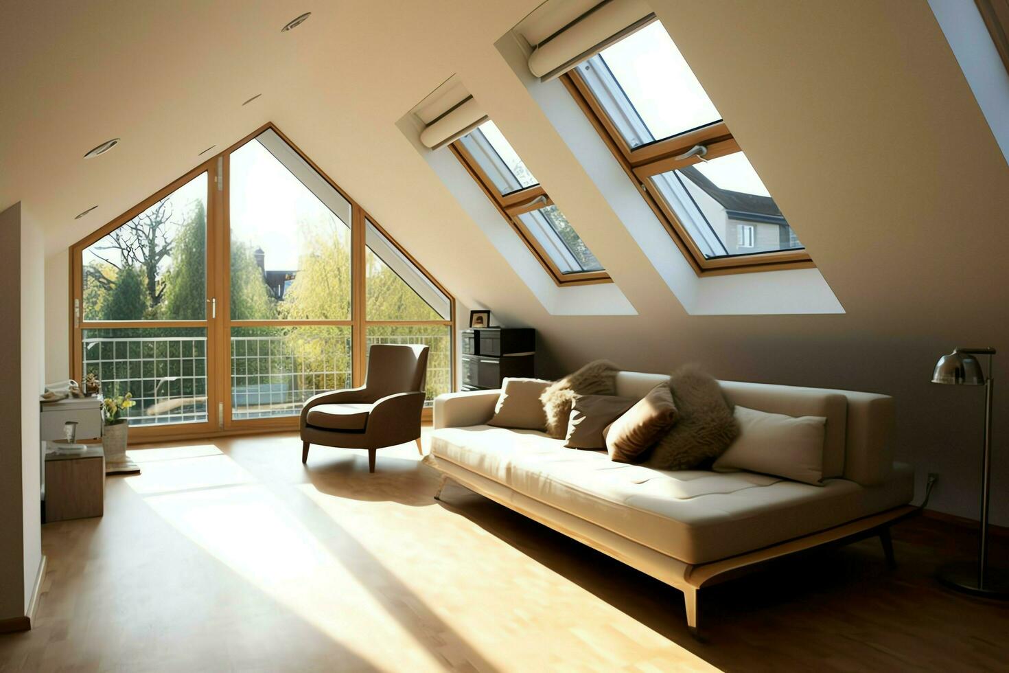 Modern dormer loft conversion interior design in apartment or house at UK. Luxury triangle attic room concept by AI Generated photo