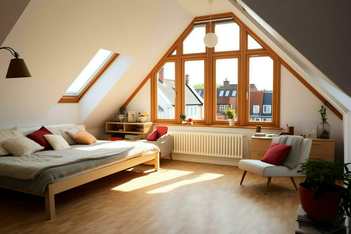 Modern dormer loft conversion interior design in apartment or house at UK. Luxury triangle attic room concept by AI Generated photo