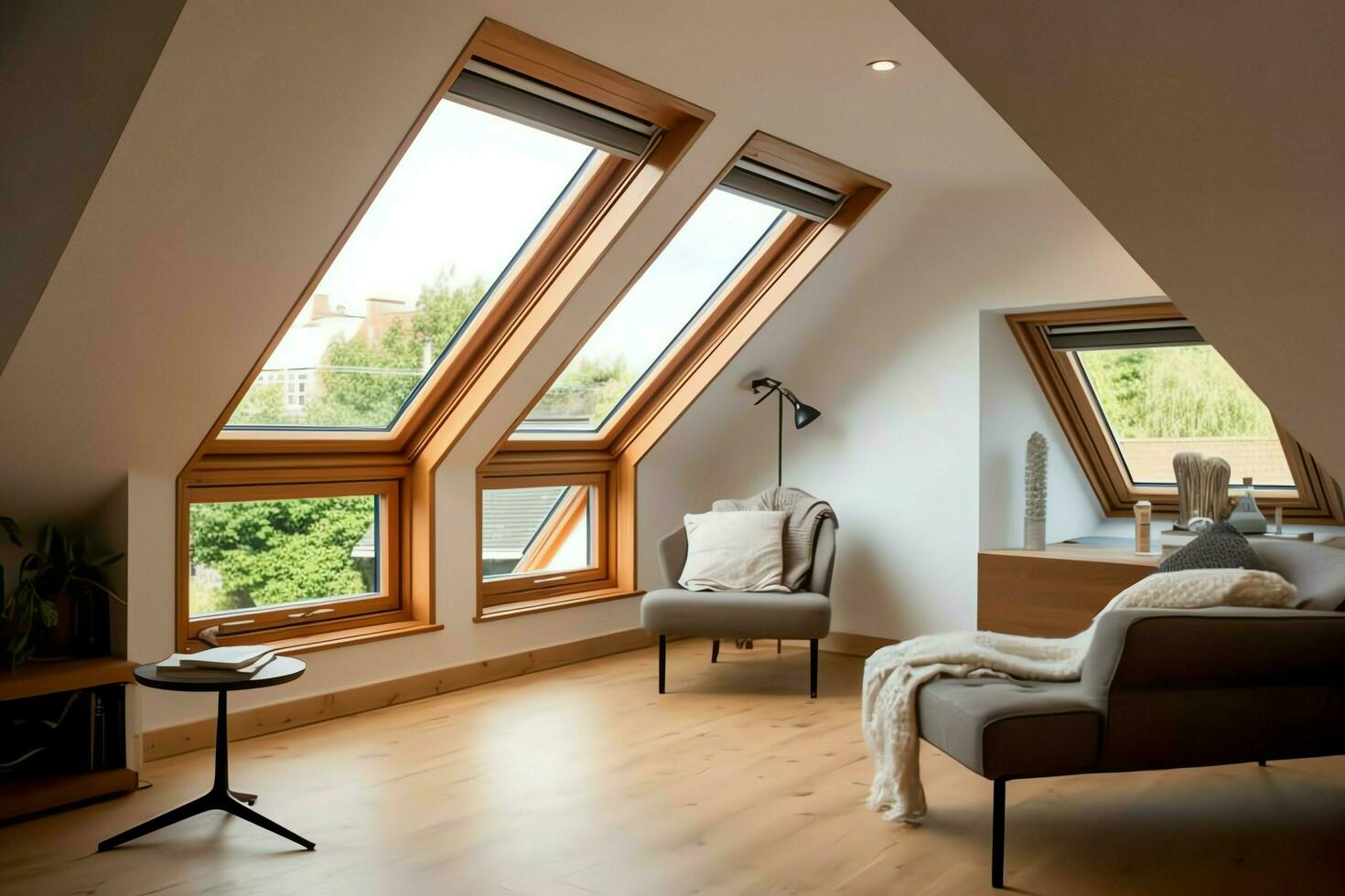Modern dormer loft conversion interior design in apartment or house at UK. Luxury triangle attic room concept by AI Generated photo