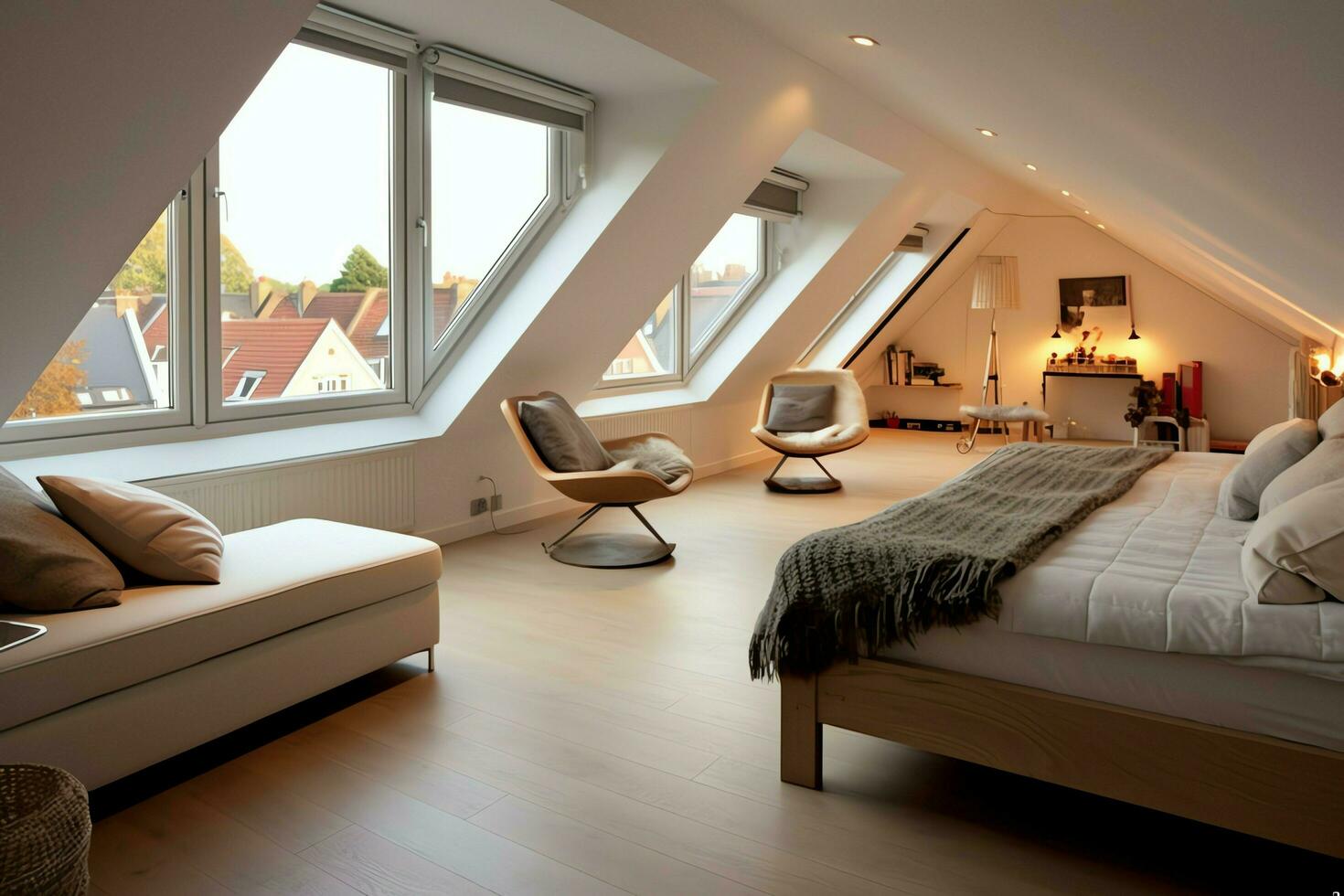 Modern dormer loft conversion interior design in apartment or house at UK. Luxury triangle attic room concept by AI Generated photo