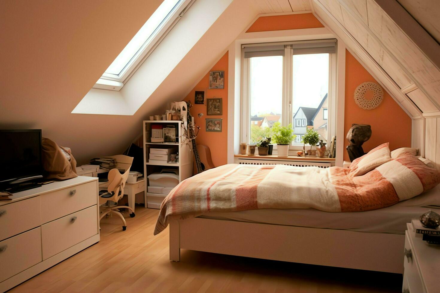 Modern dormer loft conversion interior design in apartment or house at UK. Luxury triangle attic room concept by AI Generated photo