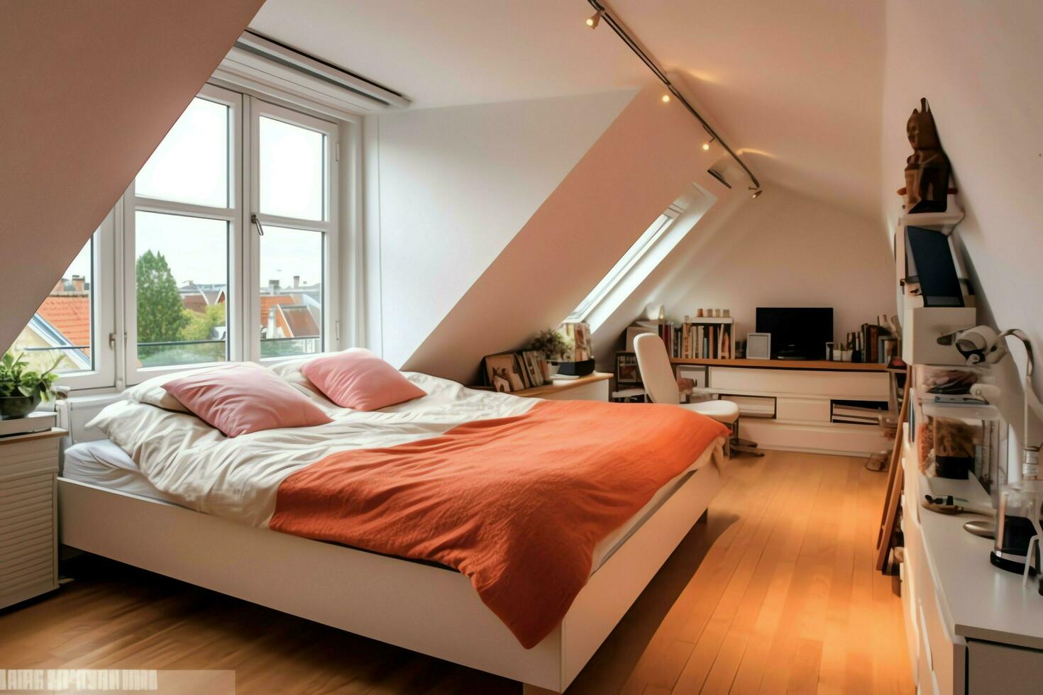 Modern dormer loft conversion interior design in apartment or house at UK. Luxury triangle attic room concept by AI Generated photo