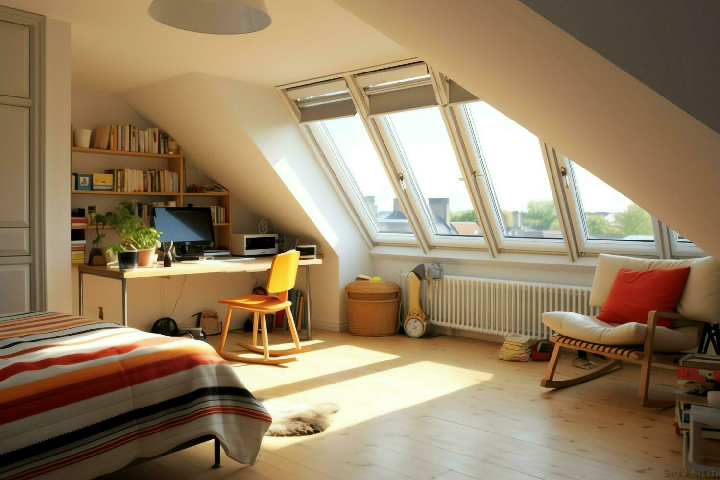 Modern dormer loft conversion interior design in apartment or house at UK. Luxury triangle attic room concept by AI Generated photo