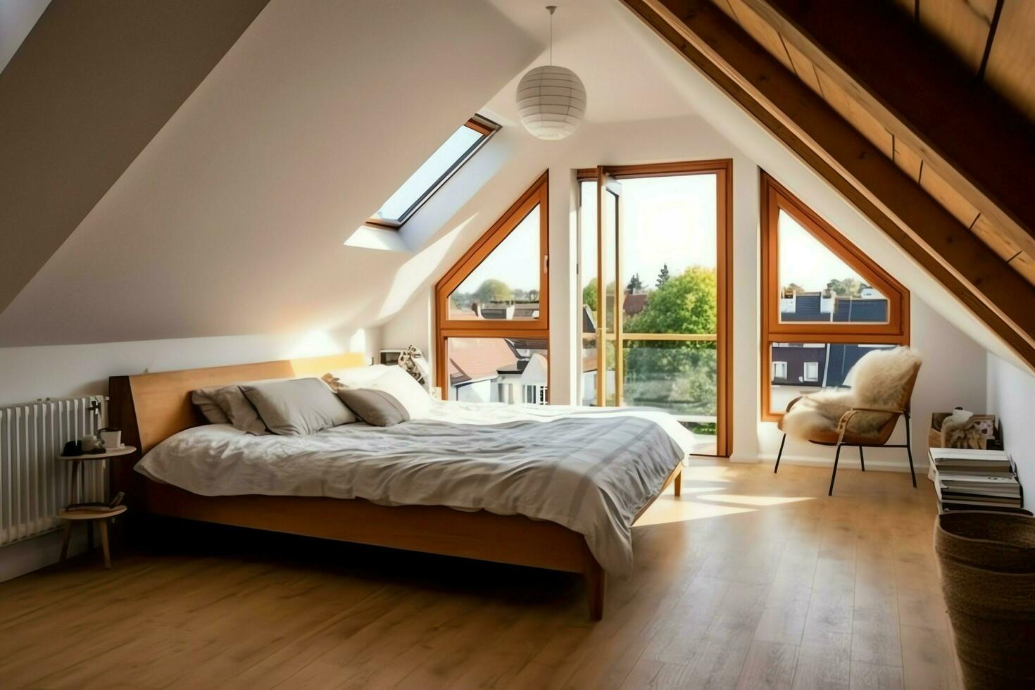 Modern dormer loft conversion interior design in apartment or house at UK. Luxury triangle attic room concept by AI Generated photo