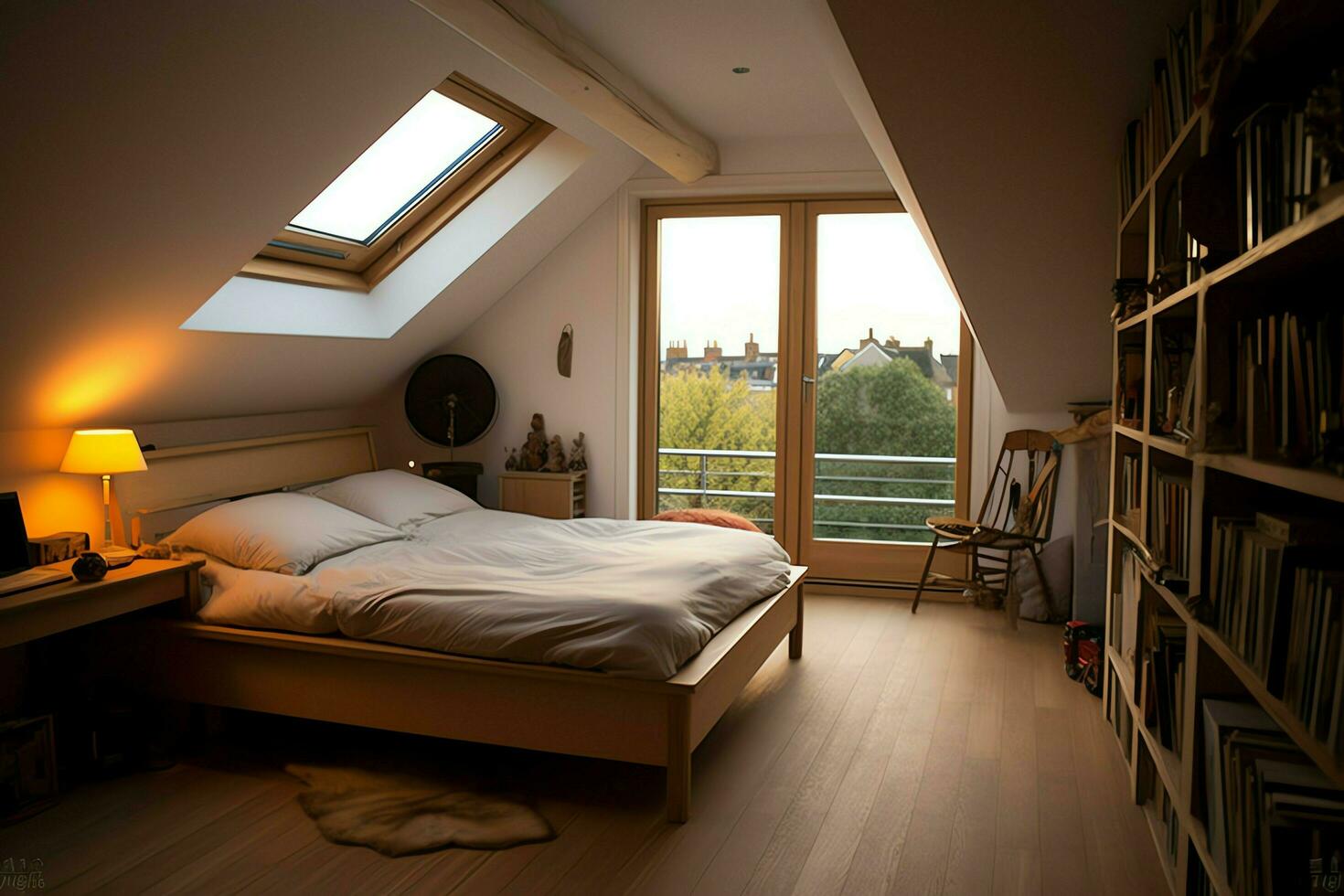 Modern dormer loft conversion interior design in apartment or house at UK. Luxury triangle attic room concept by AI Generated photo