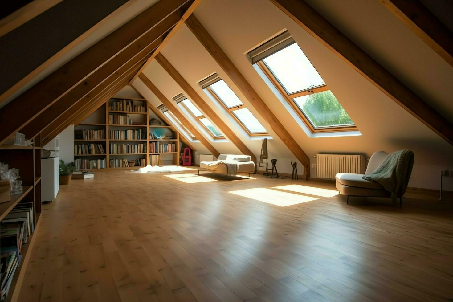Modern dormer loft conversion interior design in apartment or house at UK. Luxury triangle attic room concept by AI Generated photo