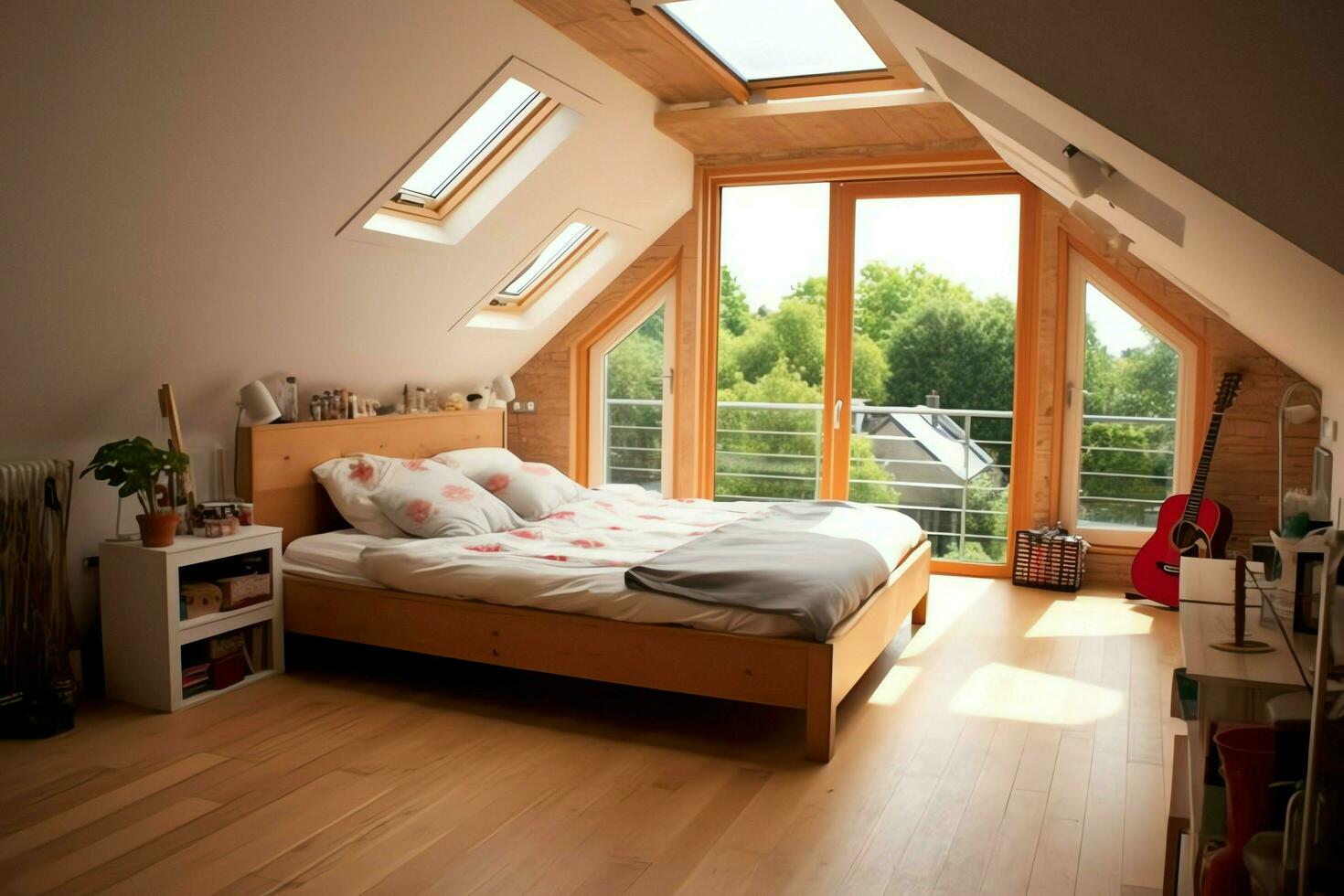 Modern dormer loft conversion interior design in apartment or house at UK. Luxury triangle attic room concept by AI Generated photo