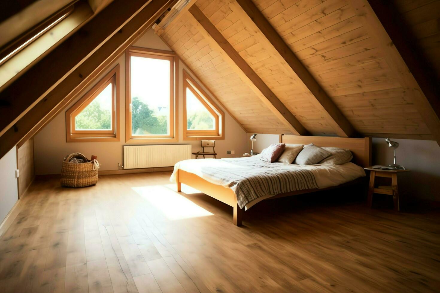 Modern dormer loft conversion interior design in apartment or house at UK. Luxury triangle attic room concept by AI Generated photo