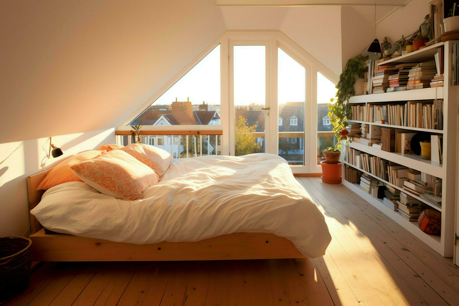 Modern dormer loft conversion interior design in apartment or house at UK. Luxury triangle attic room concept by AI Generated photo