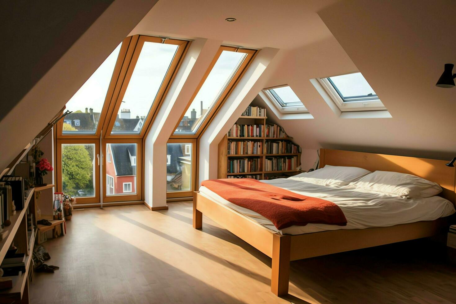 Modern dormer loft conversion interior design in apartment or house at UK. Luxury triangle attic room concept by AI Generated photo