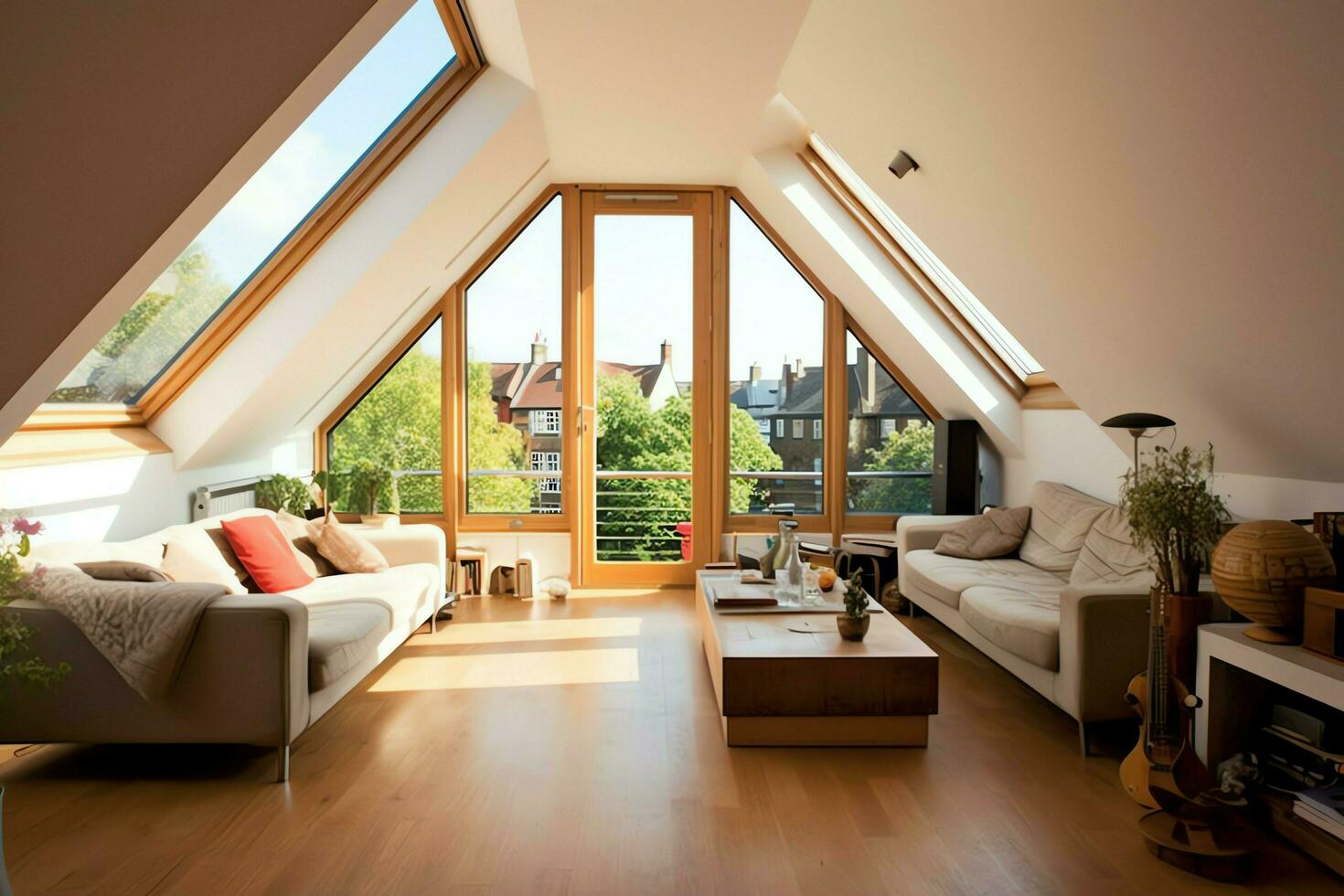 Modern dormer loft conversion interior design in apartment or house at UK. Luxury triangle attic room concept by AI Generated photo