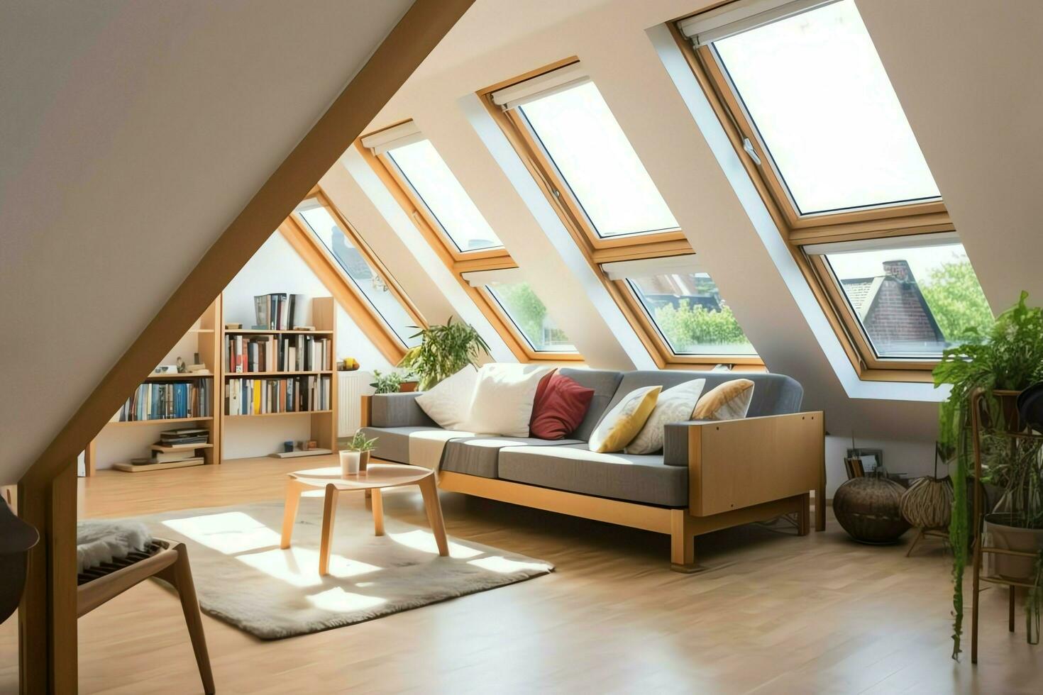 Modern dormer loft conversion interior design in apartment or house at UK. Luxury triangle attic room concept by AI Generated photo