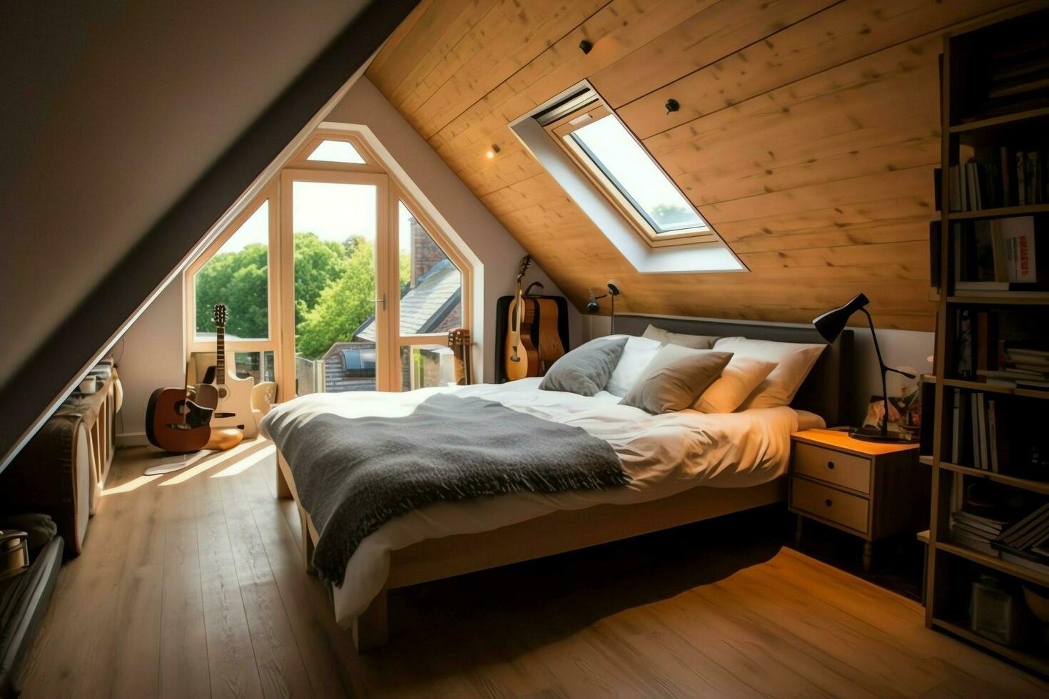 Modern dormer loft conversion interior design in apartment or house at UK. Luxury triangle attic room concept by AI Generated photo