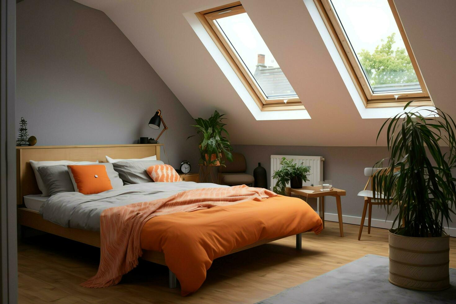Modern dormer loft conversion interior design in apartment or house at UK. Luxury triangle attic room concept by AI Generated photo