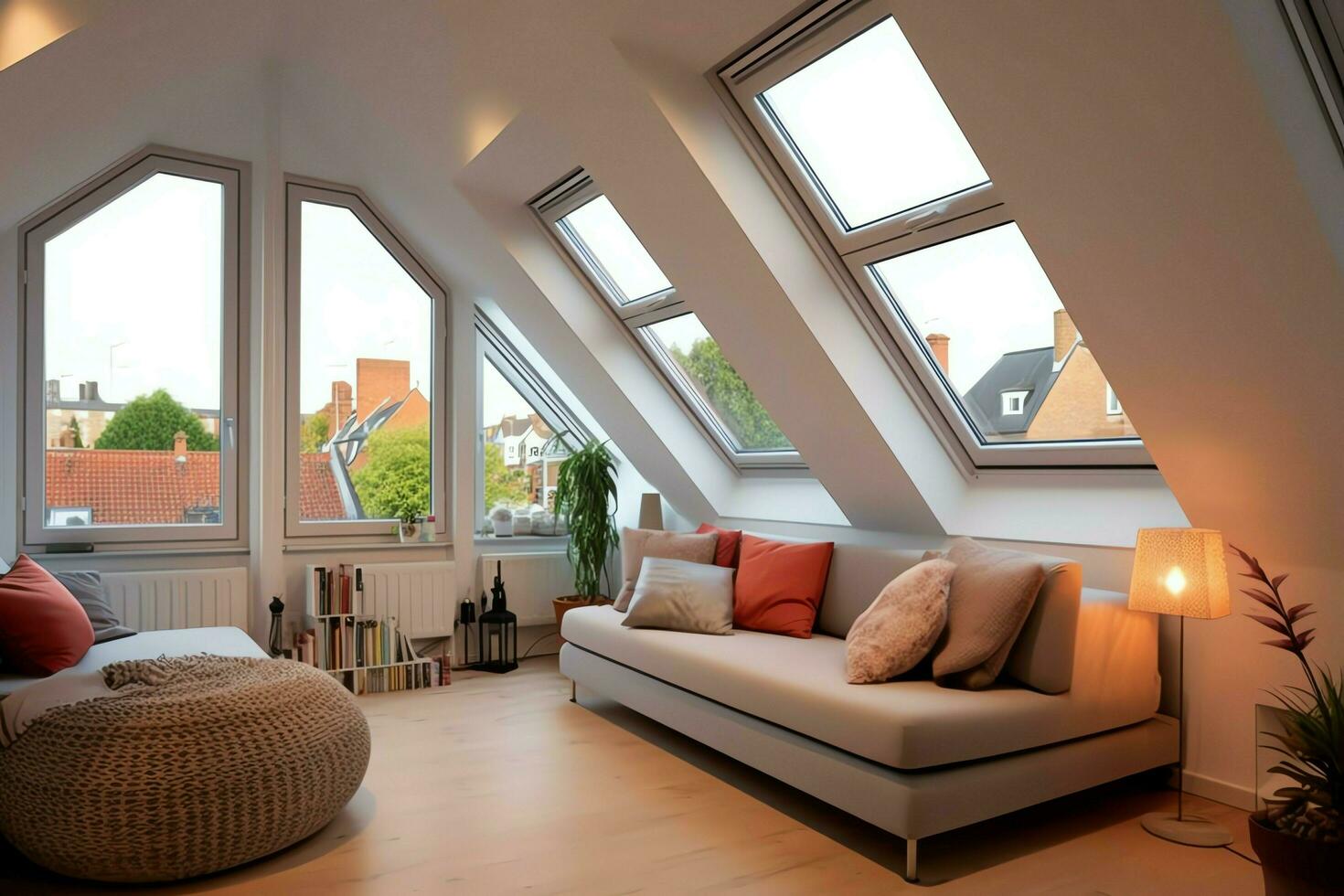 Modern dormer loft conversion interior design in apartment or house at UK. Luxury triangle attic room concept by AI Generated photo