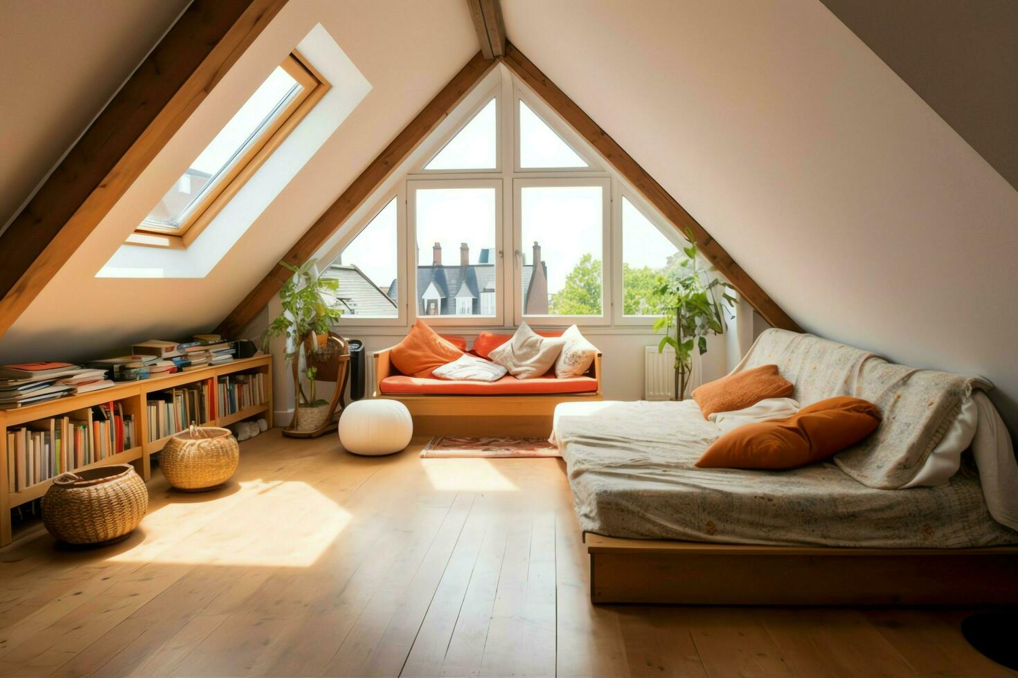 Modern dormer loft conversion interior design in apartment or house at UK. Luxury triangle attic room concept by AI Generated photo