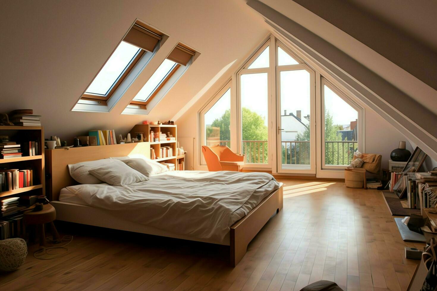 Modern dormer loft conversion interior design in apartment or house at UK. Luxury triangle attic room concept by AI Generated photo