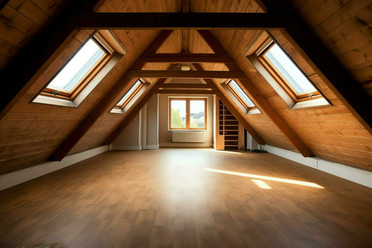 Modern dormer loft conversion interior design in apartment or house at UK. Luxury triangle attic room concept by AI Generated photo