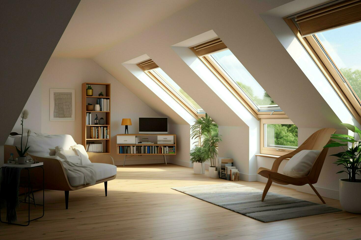 Modern dormer loft conversion interior design in apartment or house at UK. Luxury triangle attic room concept by AI Generated photo