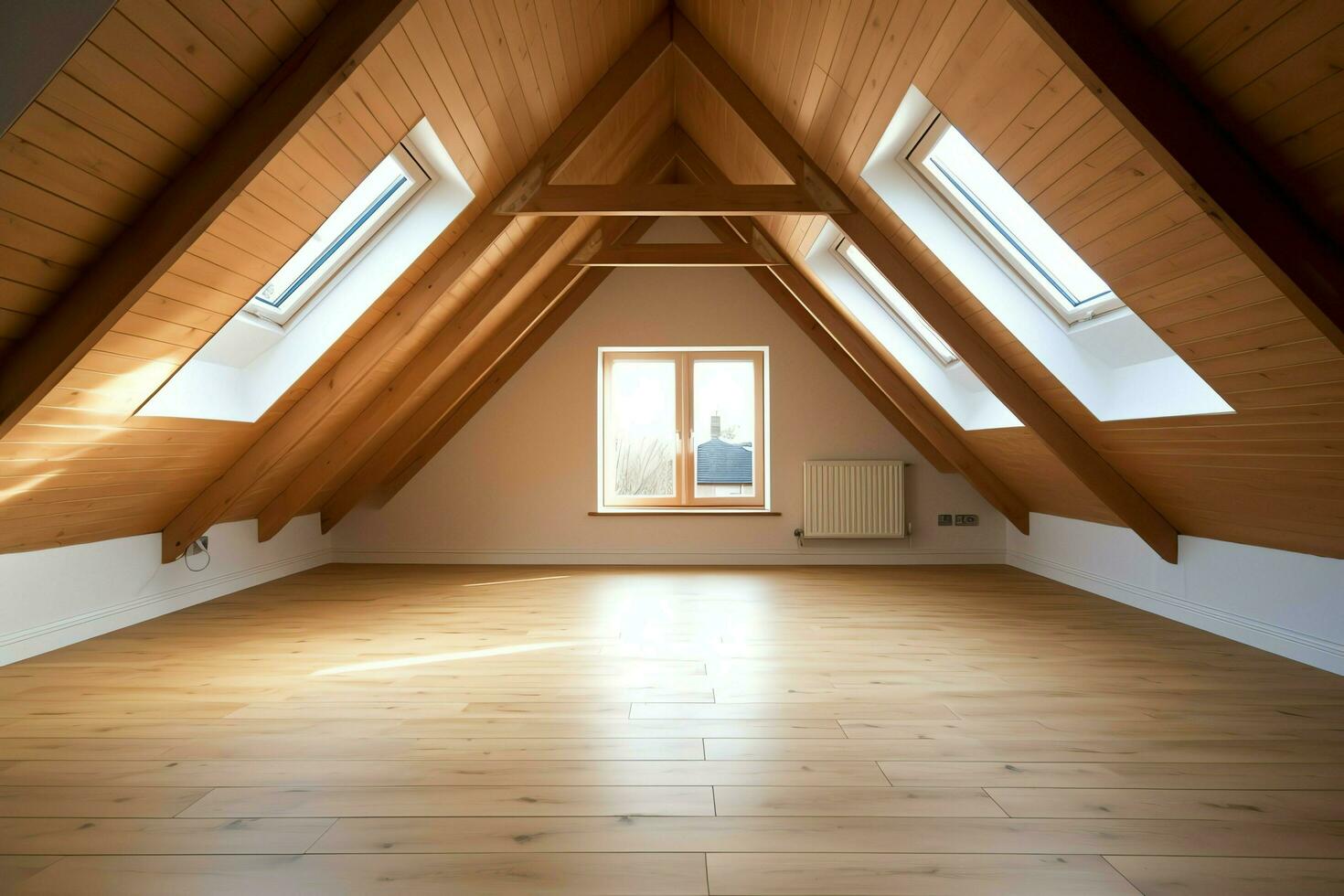 Modern dormer loft conversion interior design in apartment or house at UK. Luxury triangle attic room concept by AI Generated photo