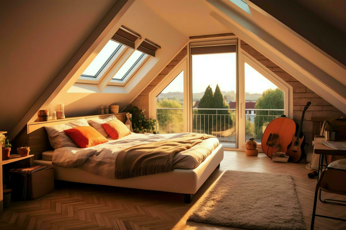 Modern dormer loft conversion interior design in apartment or house at UK. Luxury triangle attic room concept by AI Generated photo