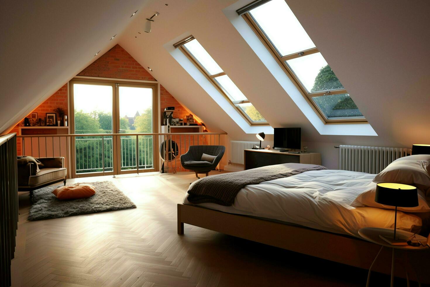 Modern dormer loft conversion interior design in apartment or house at UK. Luxury triangle attic room concept by AI Generated photo