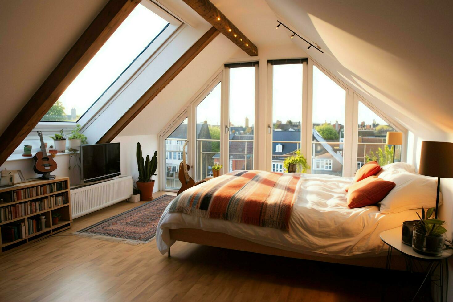 Modern dormer loft conversion interior design in apartment or house at UK. Luxury triangle attic room concept by AI Generated photo