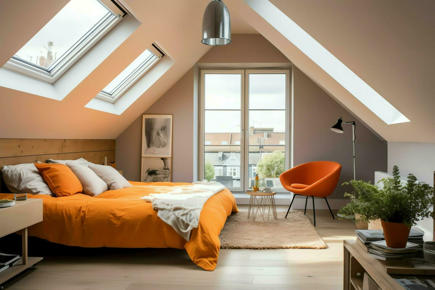 Modern dormer loft conversion interior design in apartment or house at UK. Luxury triangle attic room concept by AI Generated photo
