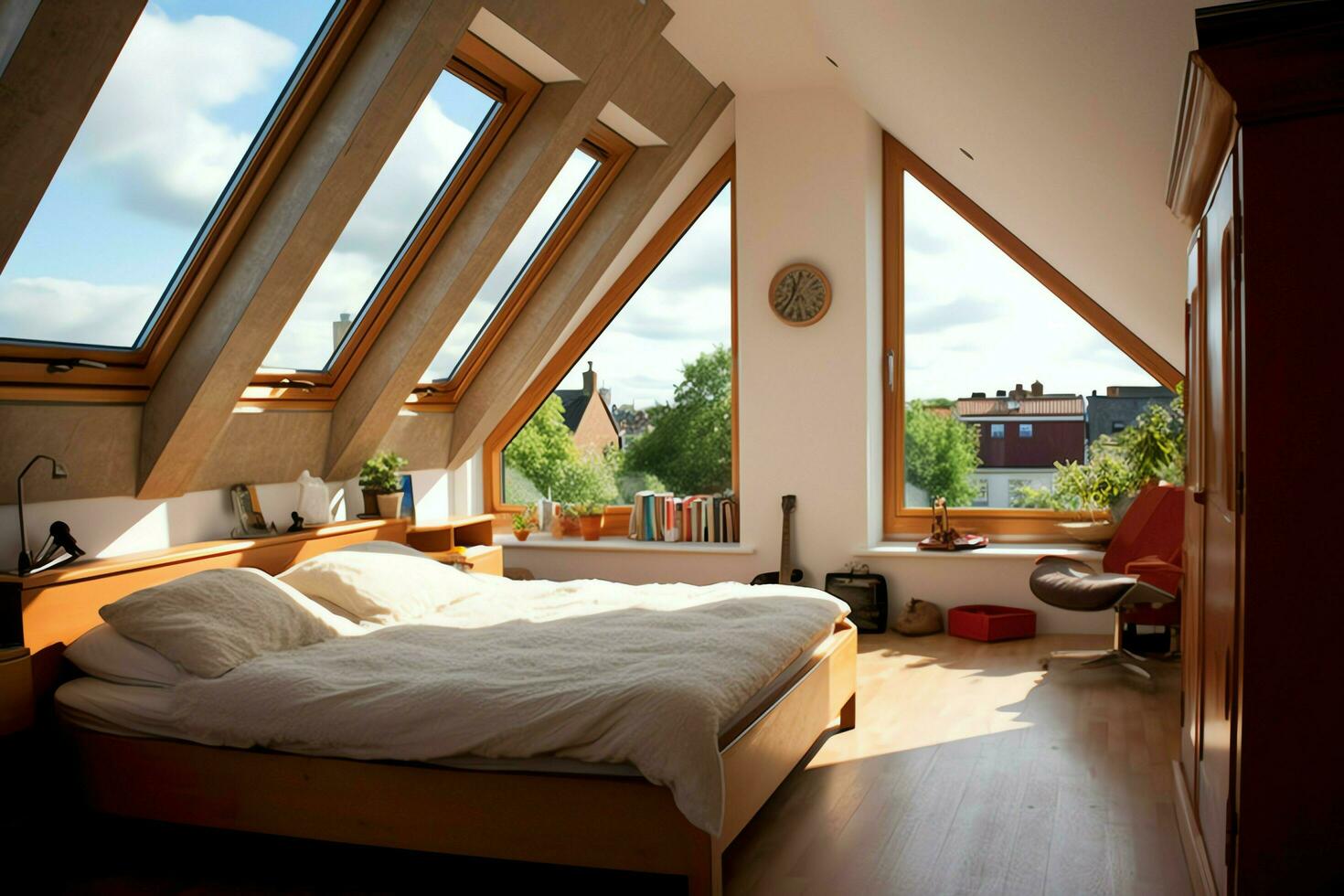 Modern dormer loft conversion interior design in apartment or house at UK. Luxury triangle attic room concept by AI Generated photo