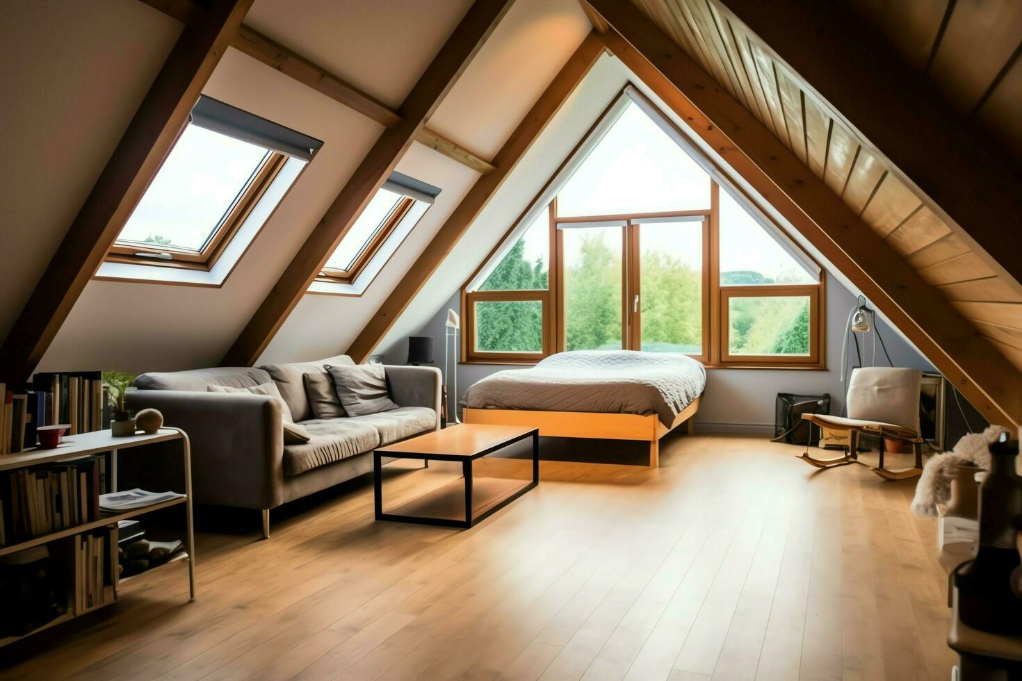 Modern dormer loft conversion interior design in apartment or house at UK. Luxury triangle attic room concept by AI Generated photo