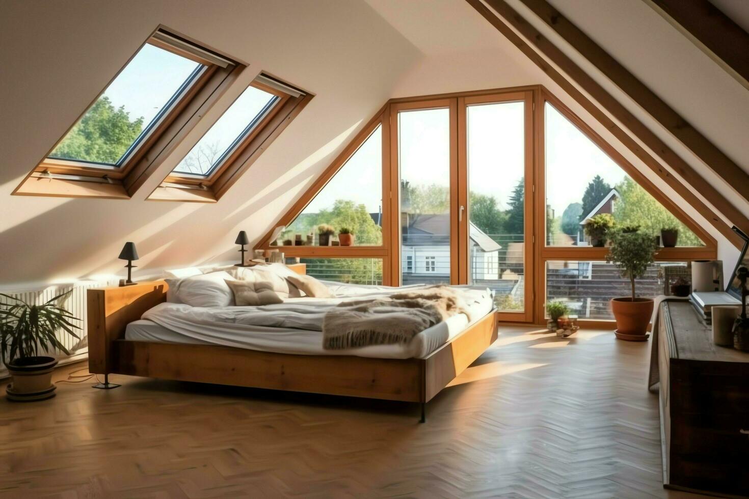 Modern dormer loft conversion interior design in apartment or house at UK. Luxury triangle attic room concept by AI Generated photo