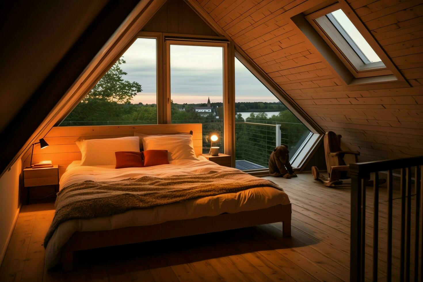 Modern dormer loft conversion interior design in apartment or house at UK. Luxury triangle attic room concept by AI Generated photo