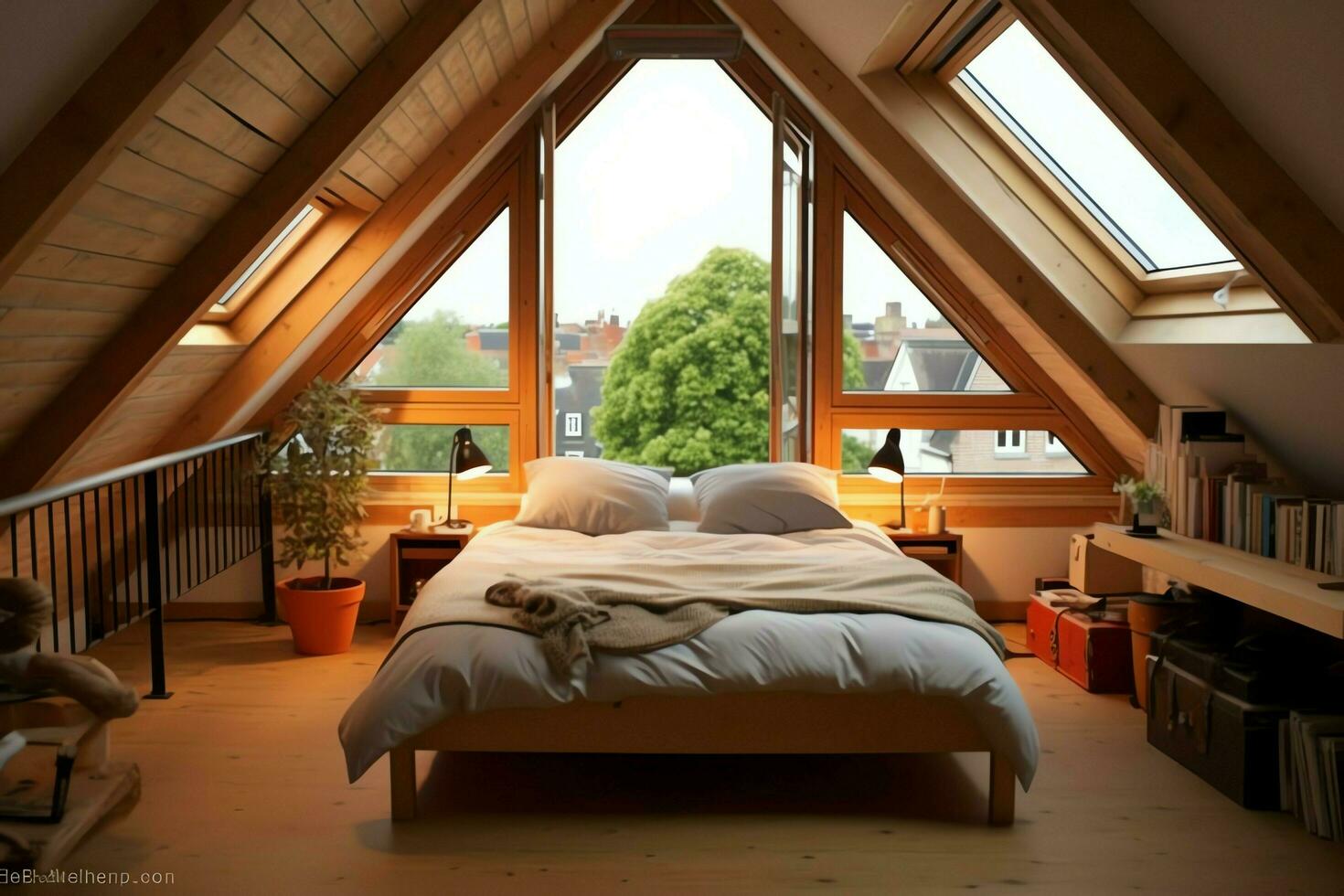 Modern dormer loft conversion interior design in apartment or house at UK. Luxury triangle attic room concept by AI Generated photo