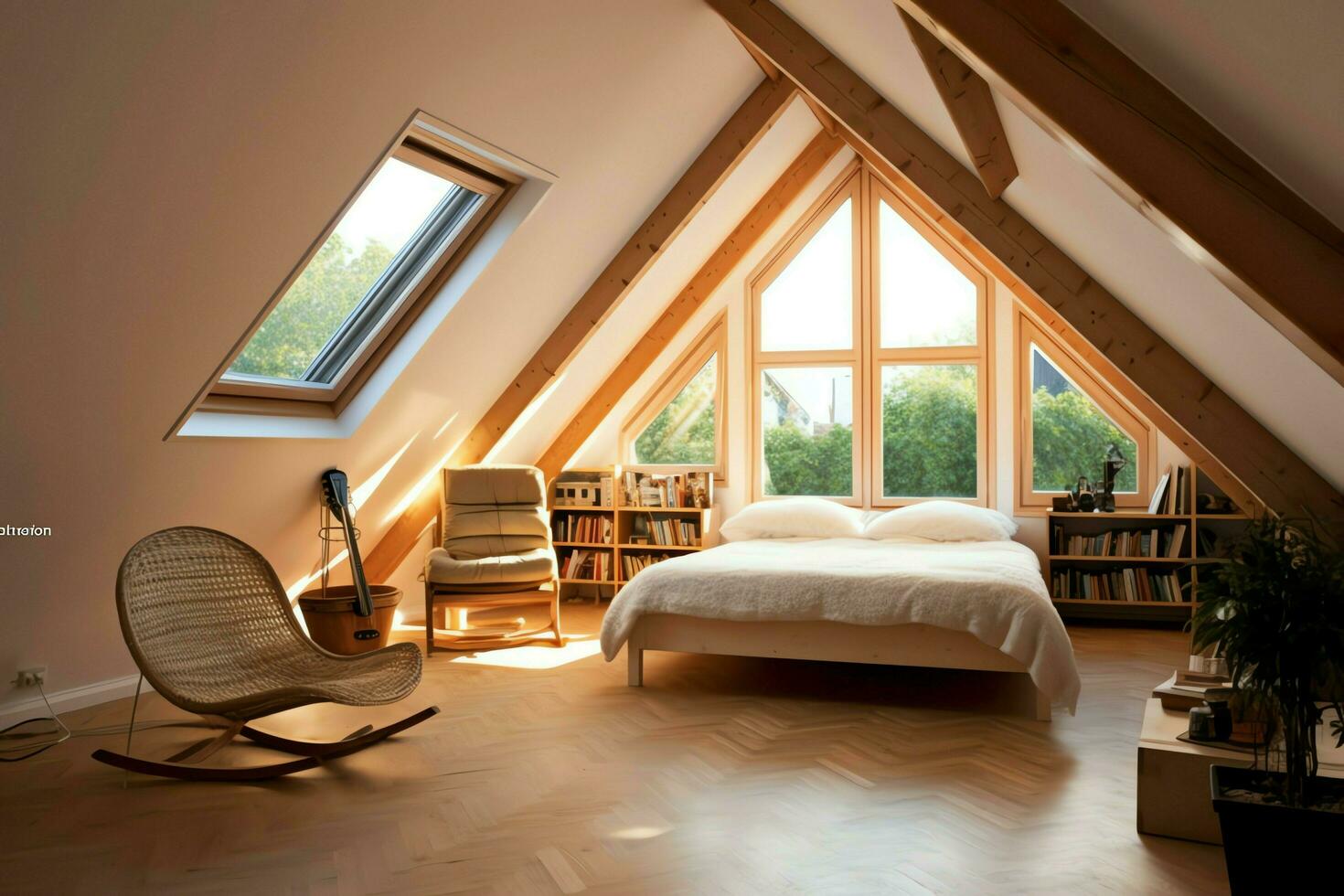 Modern dormer loft conversion interior design in apartment or house at UK. Luxury triangle attic room concept by AI Generated photo