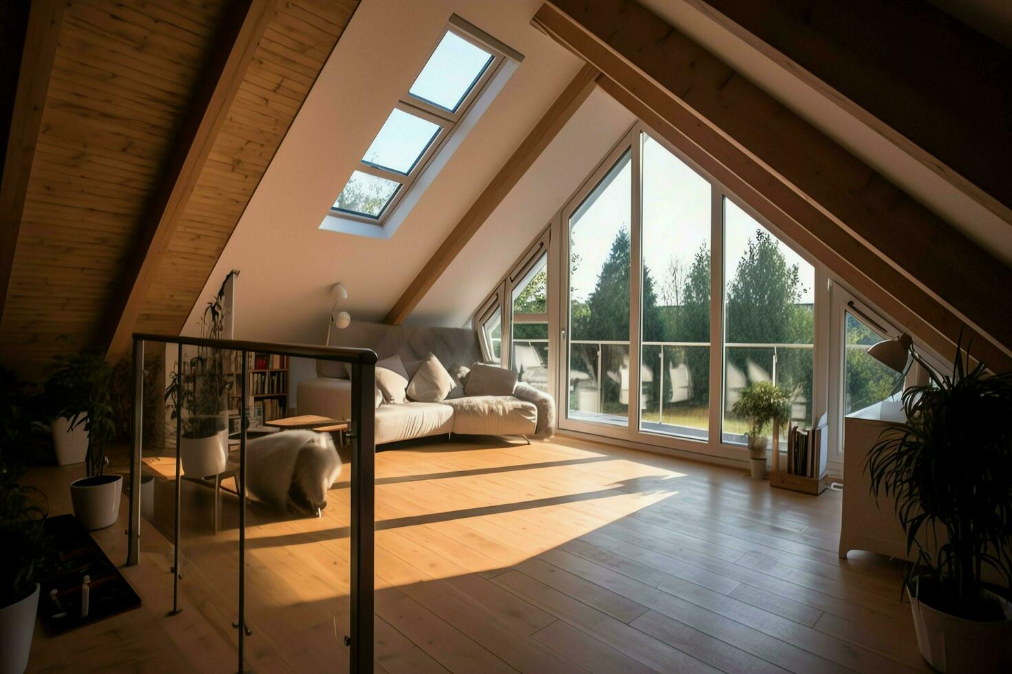 Modern dormer loft conversion interior design in apartment or house at UK. Luxury triangle attic room concept by AI Generated photo