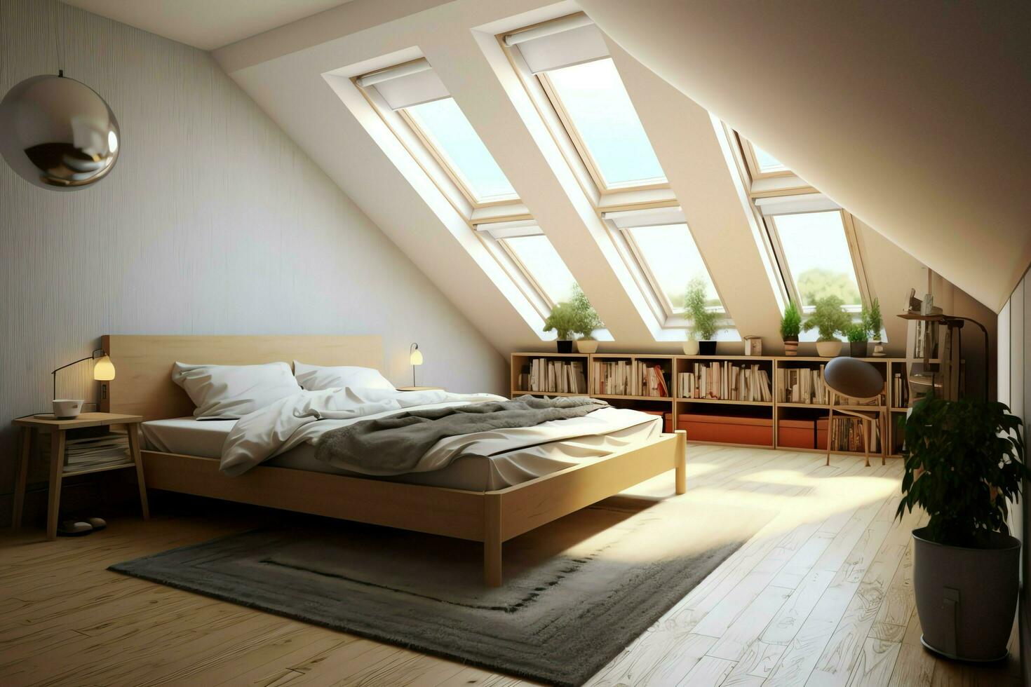 Modern dormer loft conversion interior design in apartment or house at UK. Luxury triangle attic room concept by AI Generated photo