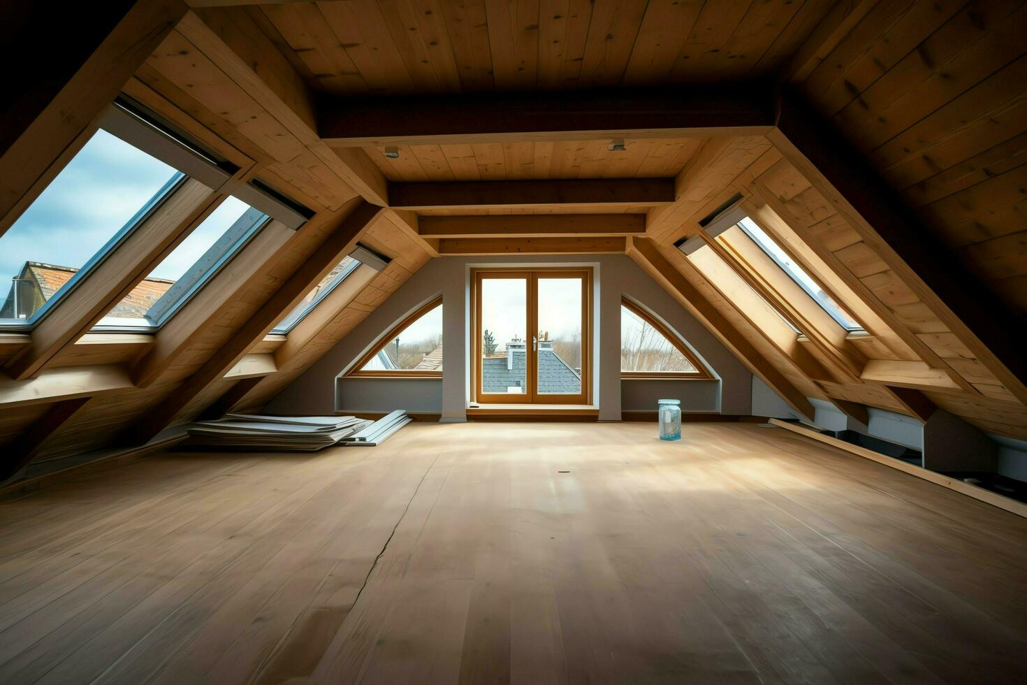 Modern dormer loft conversion interior design in apartment or house at UK. Luxury triangle attic room concept by AI Generated photo