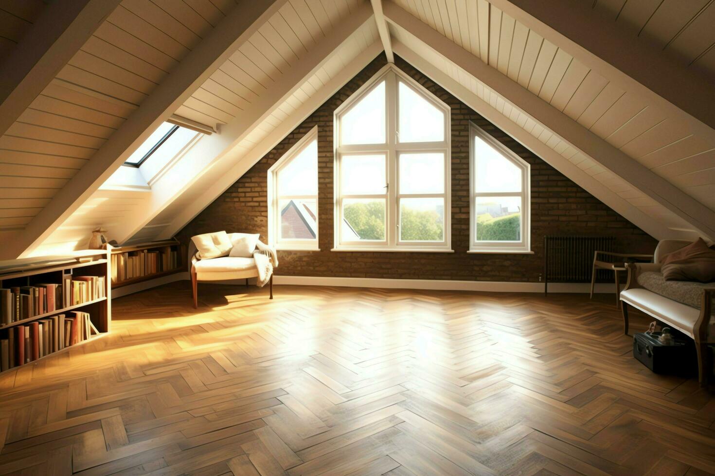 Modern dormer loft conversion interior design in apartment or house at UK. Luxury triangle attic room concept by AI Generated photo