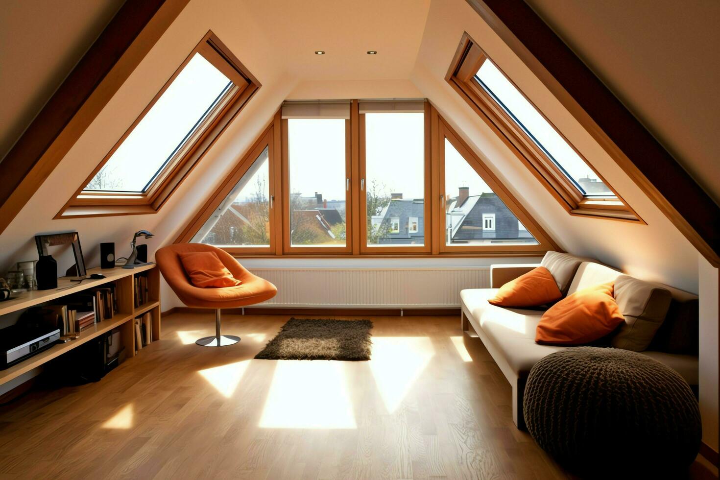 Modern dormer loft conversion interior design in apartment or house at UK. Luxury triangle attic room concept by AI Generated photo