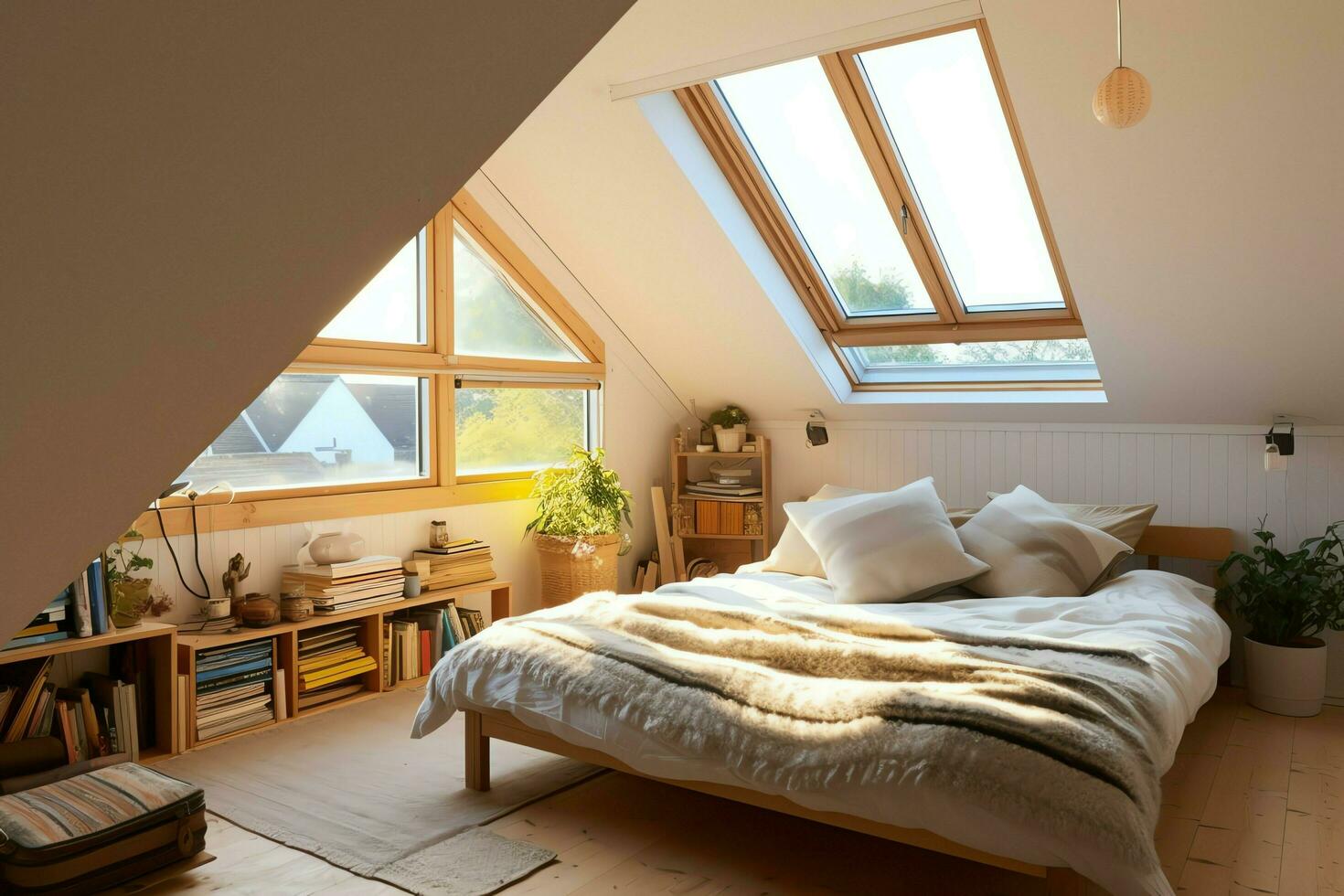 Modern dormer loft conversion interior design in apartment or house at UK. Luxury triangle attic room concept by AI Generated photo