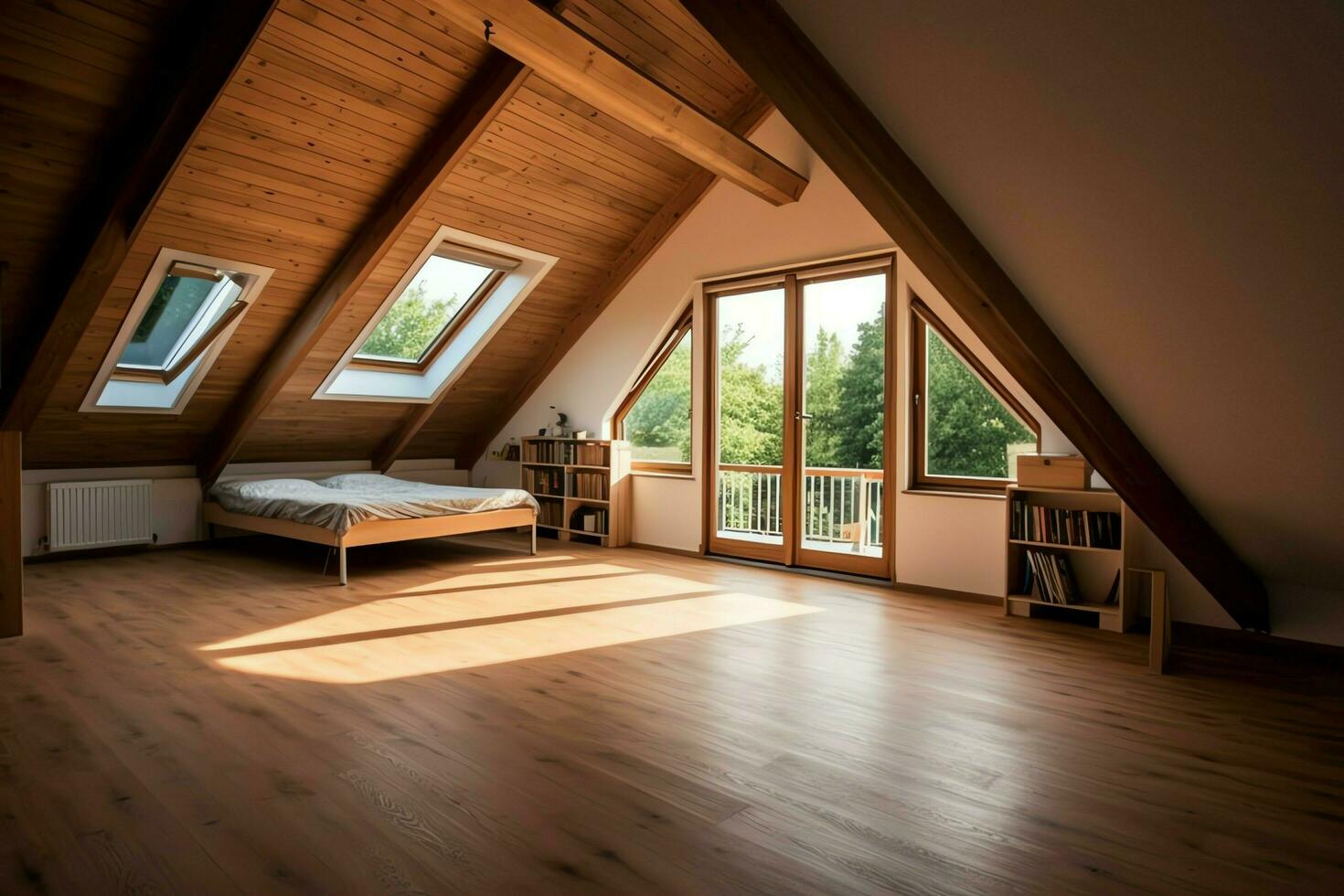 Modern dormer loft conversion interior design in apartment or house at UK. Luxury triangle attic room concept by AI Generated photo