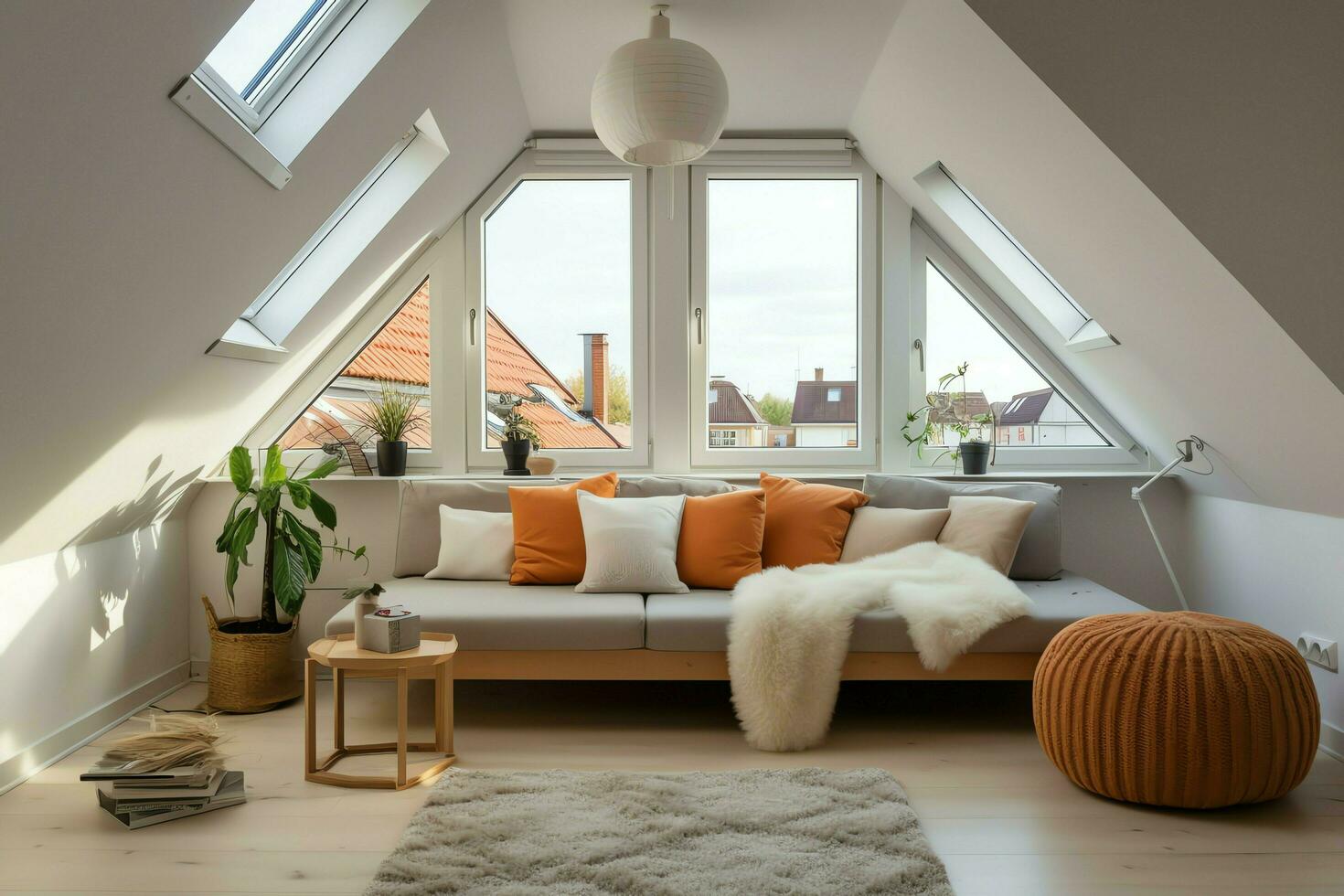 Modern dormer loft conversion interior design in apartment or house at UK. Luxury triangle attic room concept by AI Generated photo