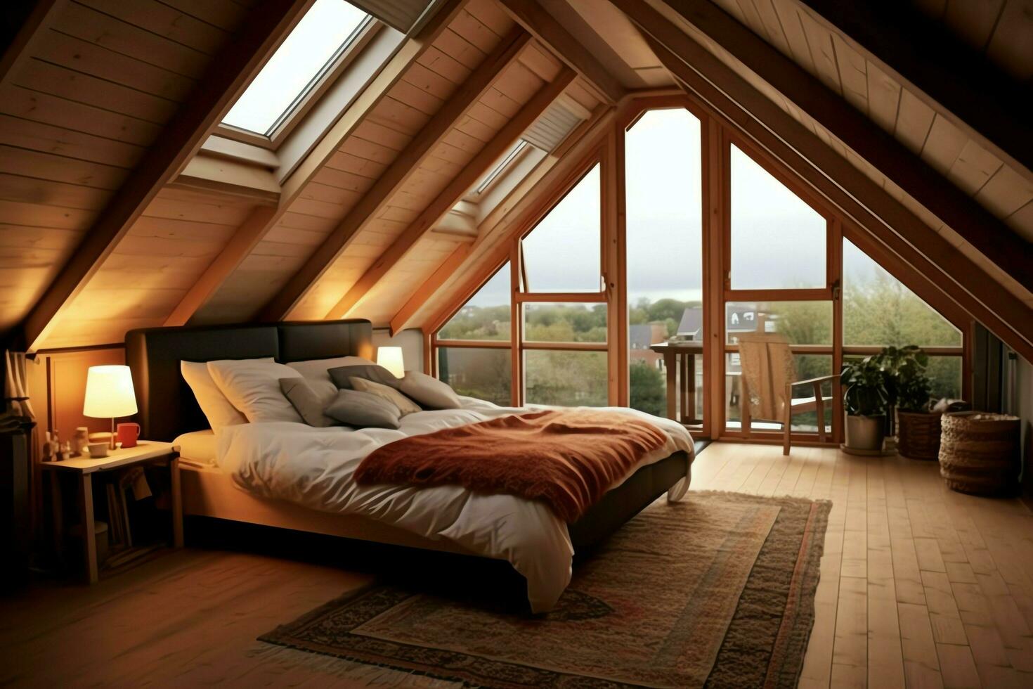 Modern dormer loft conversion interior design in apartment or house at UK. Luxury triangle attic room concept by AI Generated photo