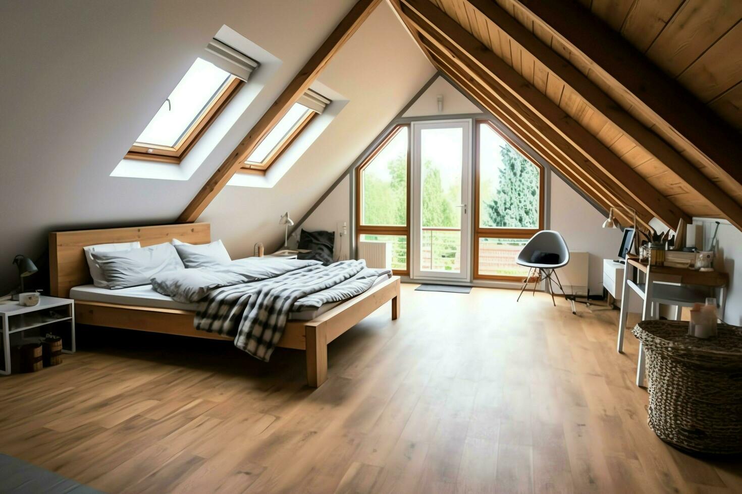 Modern dormer loft conversion interior design in apartment or house at UK. Luxury triangle attic room concept by AI Generated photo