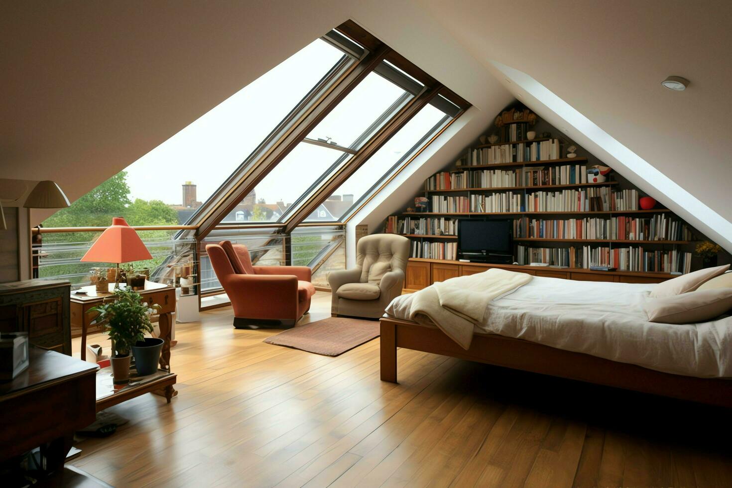 Modern dormer loft conversion interior design in apartment or house at UK. Luxury triangle attic room concept by AI Generated photo