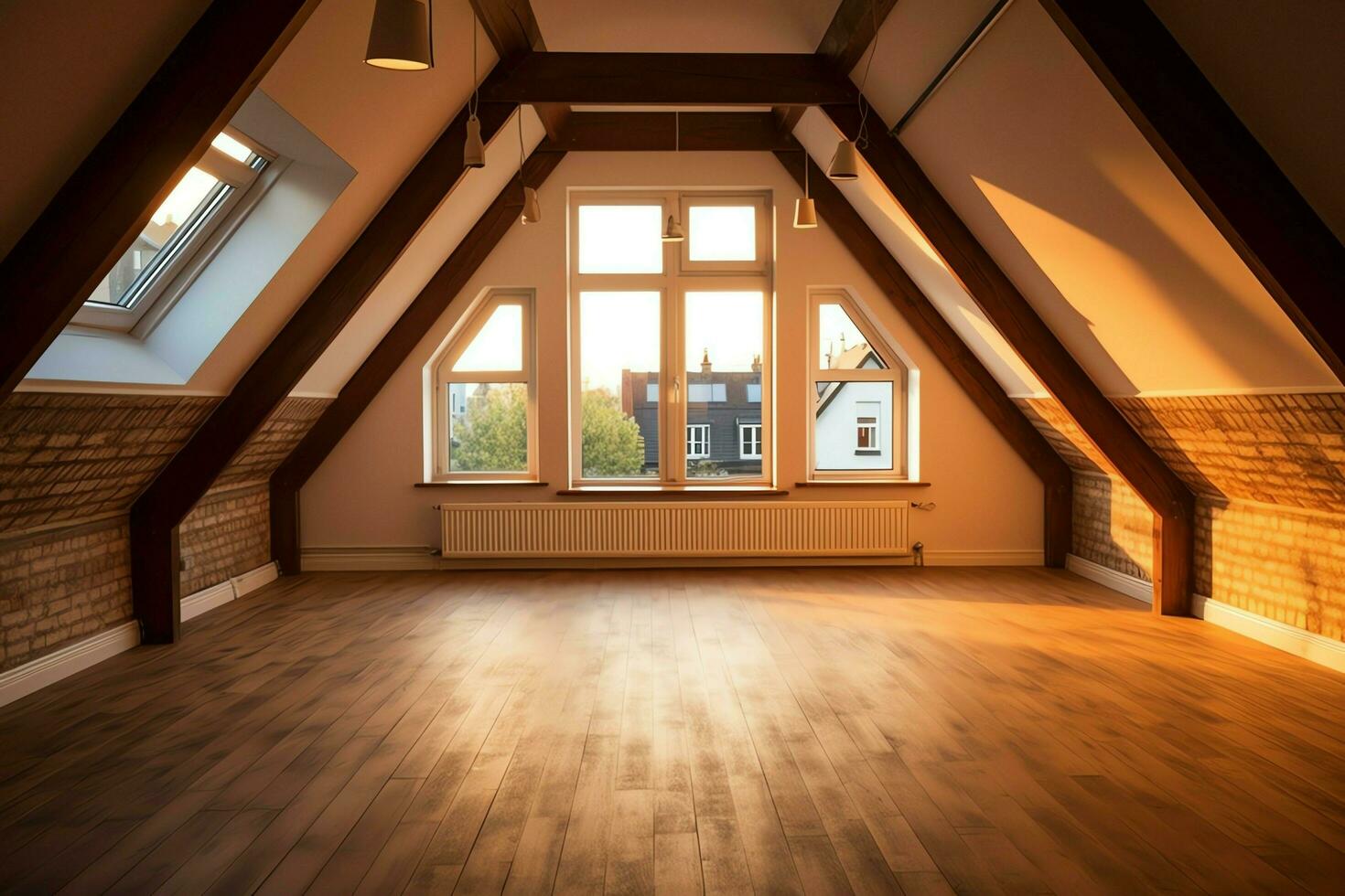 Modern dormer loft conversion interior design in apartment or house at UK. Luxury triangle attic room concept by AI Generated photo