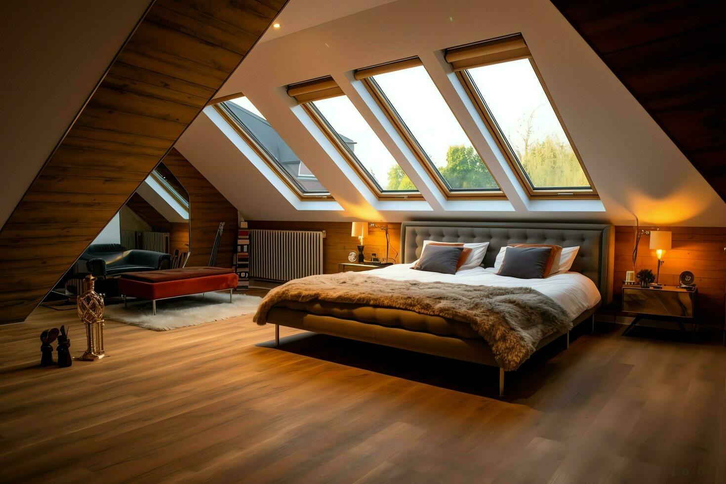 Modern dormer loft conversion interior design in apartment or house at UK. Luxury triangle attic room concept by AI Generated photo
