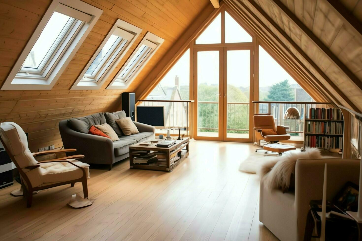 Modern dormer loft conversion interior design in apartment or house at UK. Luxury triangle attic room concept by AI Generated photo