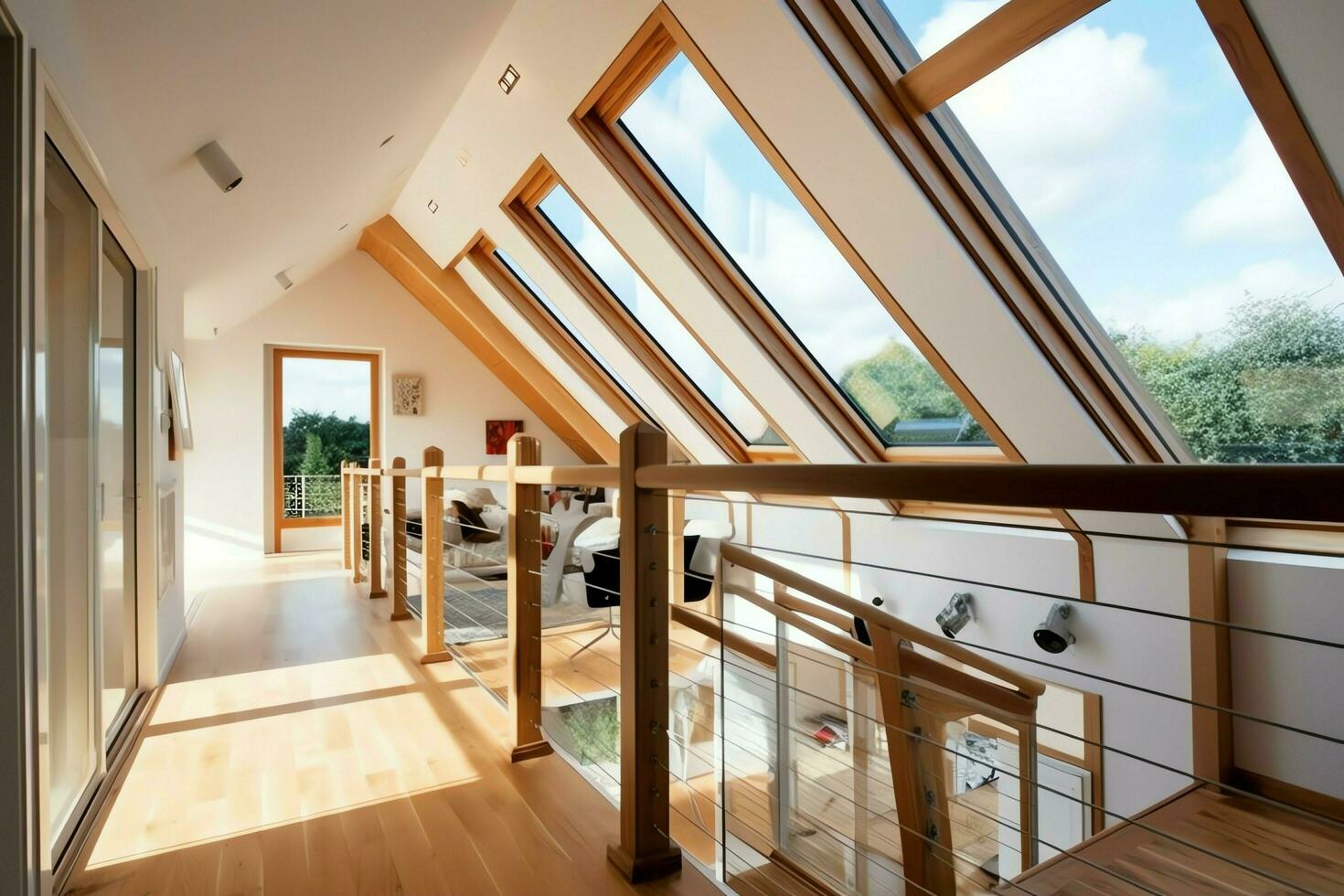 Modern dormer loft conversion interior design in apartment or house at UK. Luxury triangle attic room concept by AI Generated photo