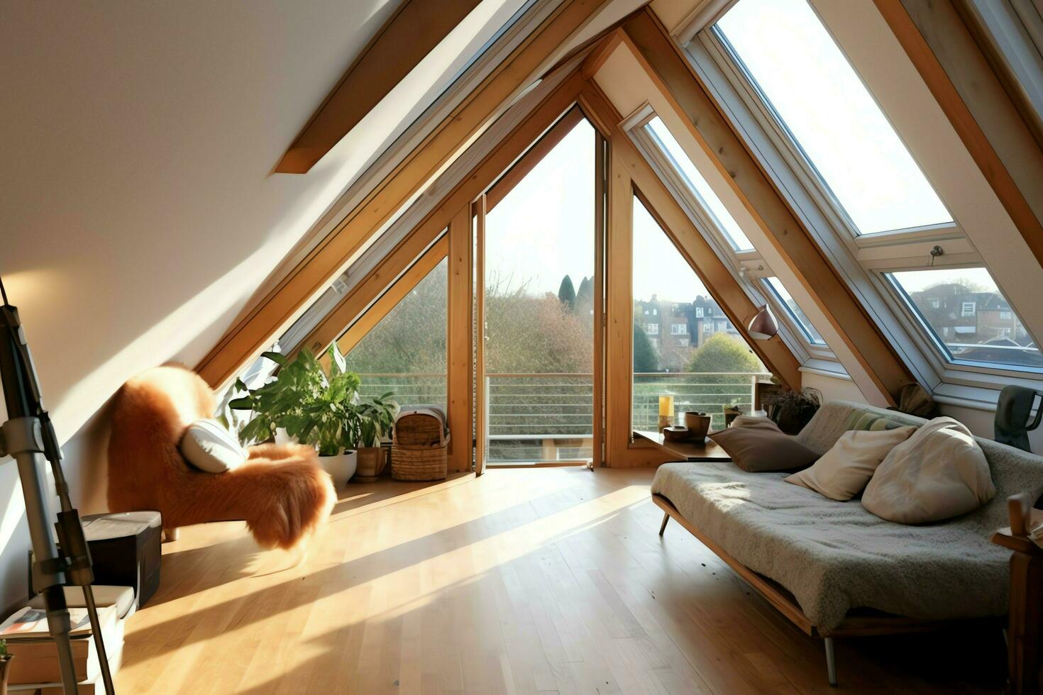 Modern dormer loft conversion interior design in apartment or house at UK. Luxury triangle attic room concept by AI Generated photo